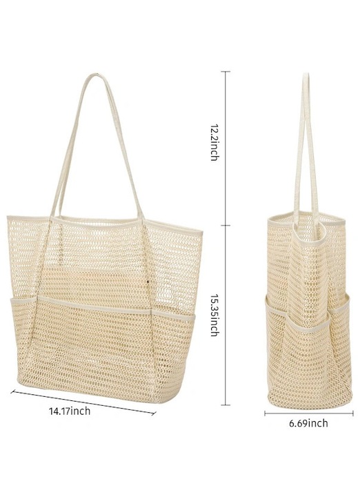 Geanta de plaja/sac de plaja din plasa textila, cu buzunare exterioare si buzunar interior cu fermoar, pliabila, rezistenta la apa, bej, 36x17x39 cm