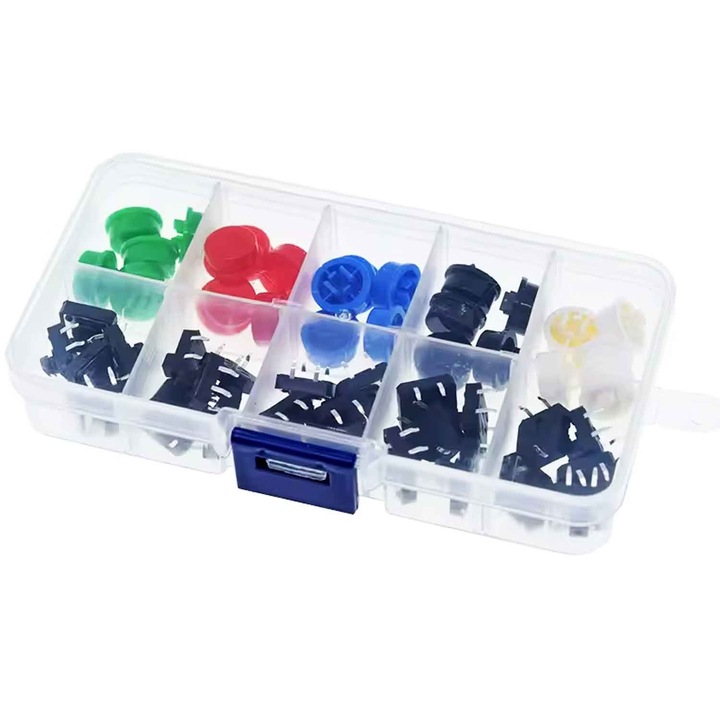Set de microcomutatoare tact switch 12x12x7, 3 mm cu capace colorate, 25 de bucati
