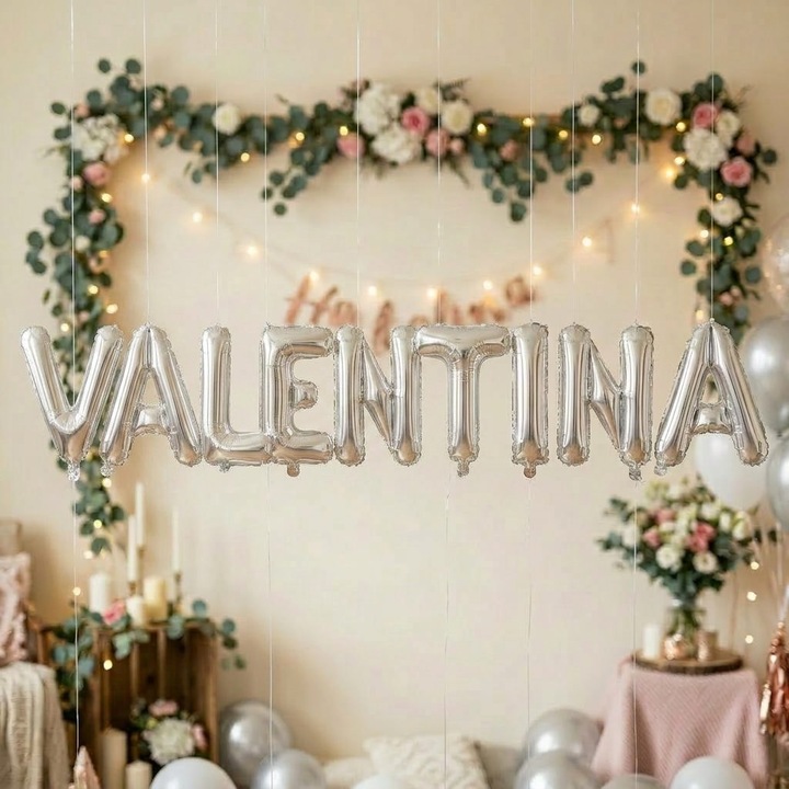 Метализирани фолиеви балони, Flippy, Комплект VALENTINA, Хелий или Въздух, Включена сламка, 40 см, Сребрист