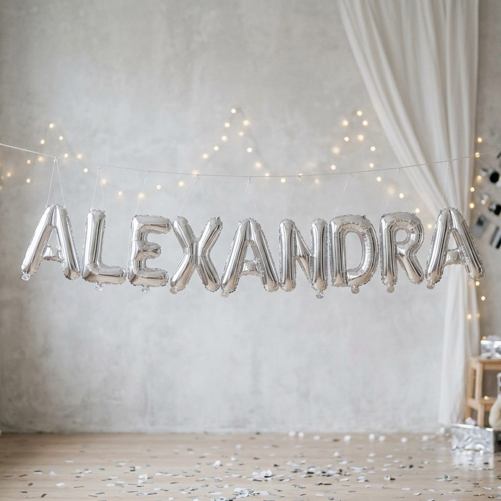 Метализирани фолиеви балони, Flippy, Комплект ALEXANDRA, Хелий или Въздух, Включена сламка, 40 см, Сребрист