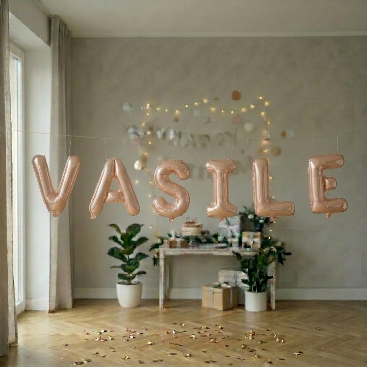 Baloane Folie Metalizate, Set VASILE, Heliu sau Aer, Pai inclus, 40 cm, Rose Gold, Damur