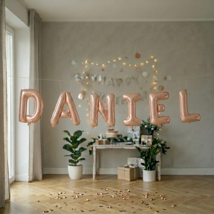 Baloane Folie Metalizate, Set DANIEL, Heliu sau Aer, Pai inclus, 40 cm, Rose Gold, Damur