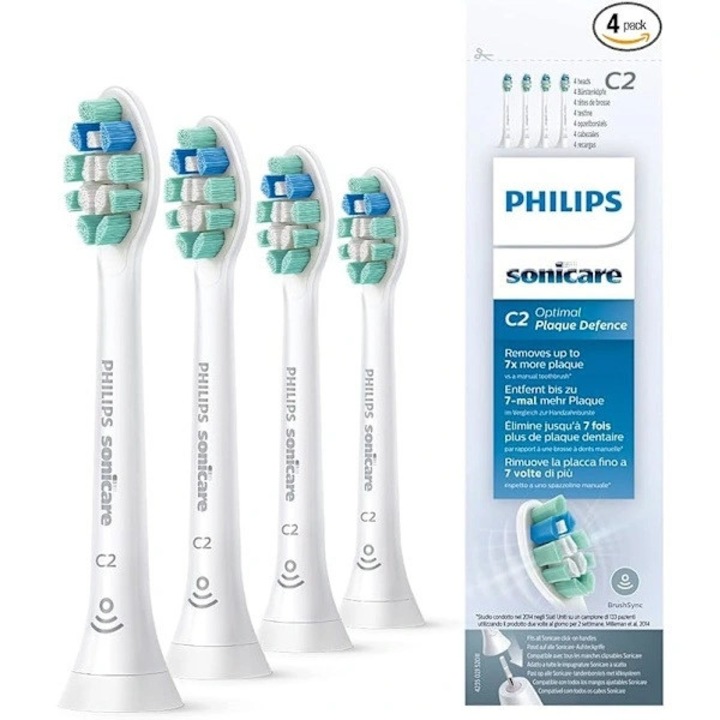 Capete pentru periuta electrica C2 Optimal Plaque Defence, compatibile cu Philips Sonicare, peri moi, Alb, 4 bucati