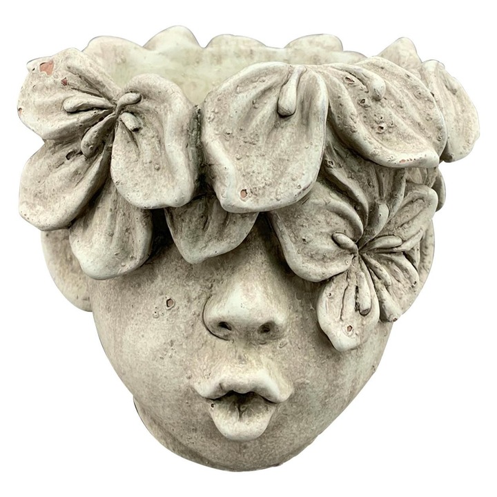 Ghiveci Cap Fata, Exner GmbH, Din Ciment Rezistent, Masca Decorativa Pentru Plante In Forma De Chip Cu Coroana De Flori, Sculptura Artistica Pentru Gradina Balcon Si Casa, Stabila Si Rezistenta La Intemperii, Pentru Suculente Plante, Inaltime 13.5cm, Gri
