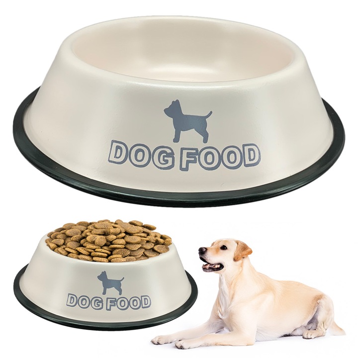 Castron Caine, Exner GmbH, Elektrosztatikusan Festett Ellenálló Acélból, Csúszásgátló Gumiperemes Talp, Dog Food Mintával, Ideális Ételhez és Vízhez, Könnyen Tisztítható, Stabil Konstrukció, Minden Fajta Számára, Átmérő 21cm, Fehér
