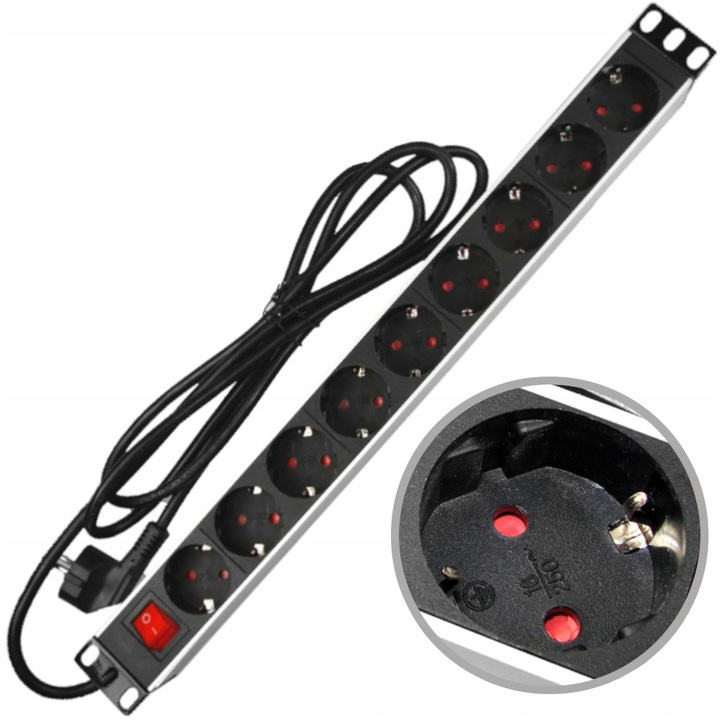 19'' 1U SK rack elosztó, 9 Schuko aljzat, megvilágított kétpólusú kapcsoló, 2 m kábel, 16A 3680W, fekete/ezüst