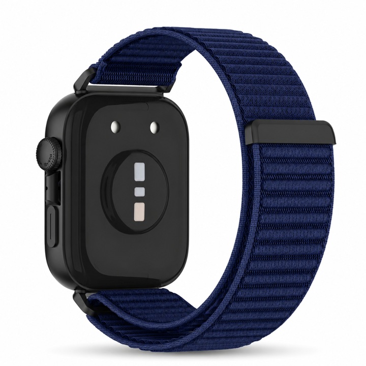 Nylon szíj Huawei Watch Fit 3 / Fit 4 / Fit 4 Pro / Fit 5 / Fit 5 Pro okosórához, dedikált rögzítés, tépőzáras és fém csatos záródás, könnyű, sötétkék