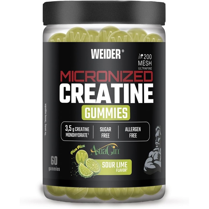 Creatina monohidrata jeleuri, Weider, Micronized 200 Mesh Creatine Gummies, Sour Lime, 60 de jeleuri