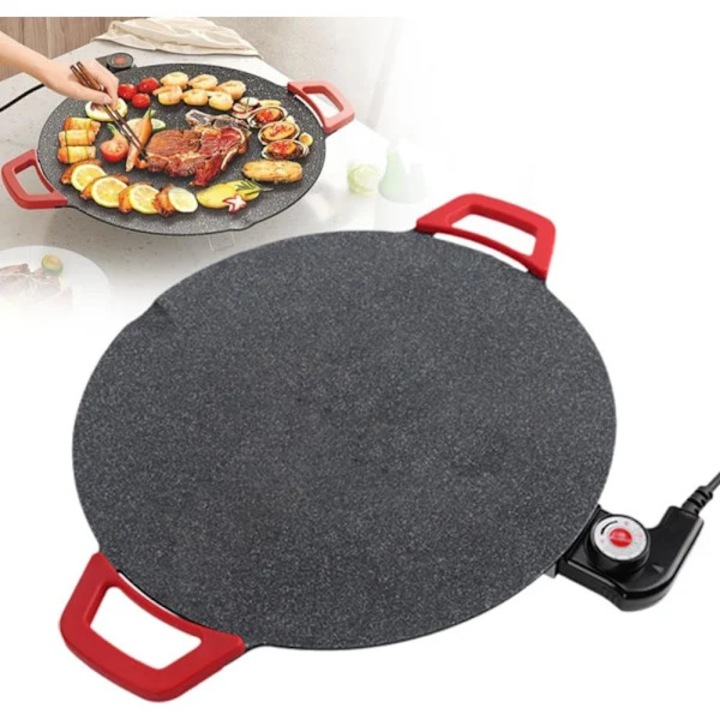 Grill electric/plita grill 1000W, fara fum, suprafata rotunda antiaderenta, termostat reglabil, tava detasabila pentru curatare usoara, negru/rosu, 1 buc
