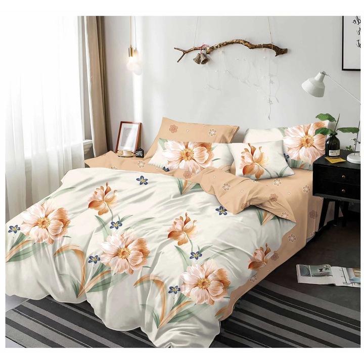Set Lenjerie de Pat Dublu, Pucioasa, 2 Persoane, 6 Piese, Bumbac Finet, 200x230 cm Cearceaf Pilota, 220x230 cm Cearceaf Pat, 4 Fete de Perna, Nu Necesita Calcare, Maro Deschis, cu Flori