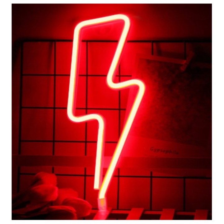 Lampa neon led PartyOn Fulger, lampa decorativa cu lumina rosie intensa, alimentare dubla usb/3 baterii aa, carcasa acrilica rezistenta, rosu