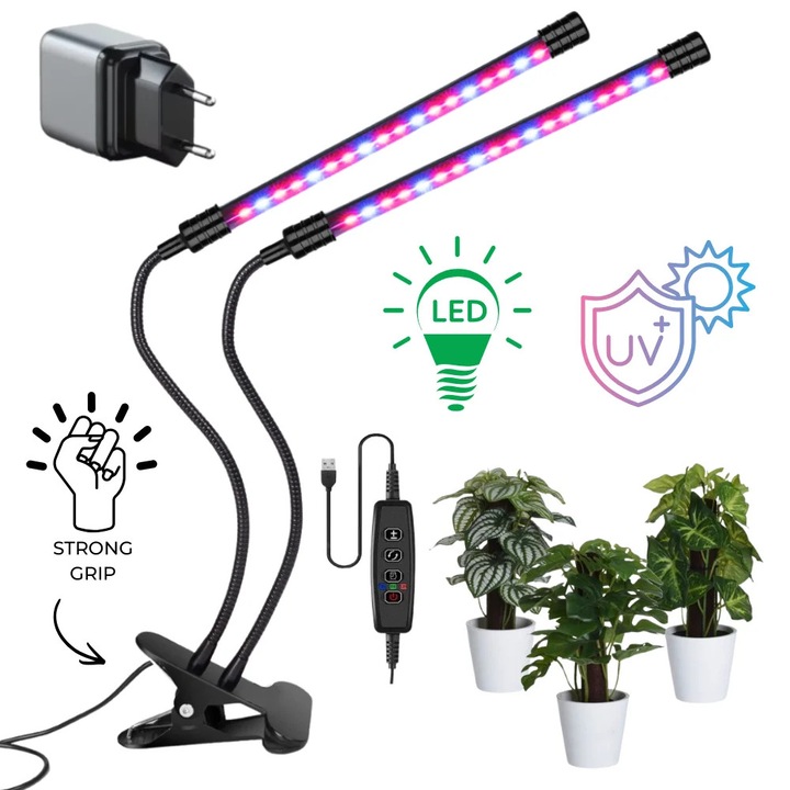 Lampa UV Full Spectrum pentru Cresterea Plantelor cu 2 picioare si 120 LED-uri, 40 w, Temporizator, Corp Reglabil, Clips si Adaptor USB, Lumina UV