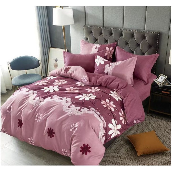 Set Lenjerie de Pat Dublu, Pucioasa, 2 Persoane, 6 Piese, Bumbac Finet, 200x230 cm Cearceaf Pilota, 220x230 cm Cearceaf Pat, 4 Fete de Perna, Nu Necesita Calcare, cu Flori Rosii si Roz