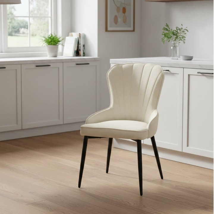 Scaun Tapitat, Catifelat Tip Baby Face, Design Modern, Ideal pentru Bucatarie si Living, Crem