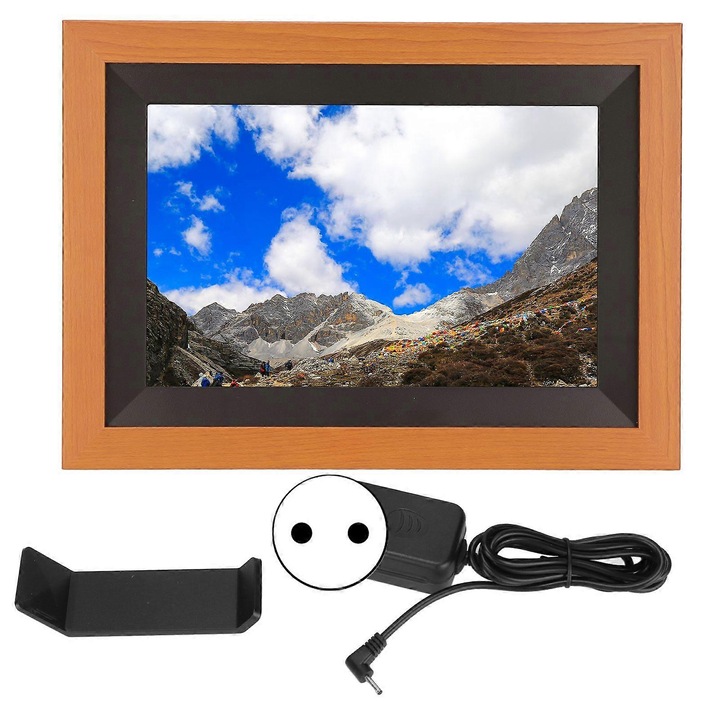 Digitális képkeret, fotókijelző 10.1 hüvelykes HD 1280x800 érintőképernyővel, 2.4GHz WiFi és 12GB belső memória, barna, 1 db.