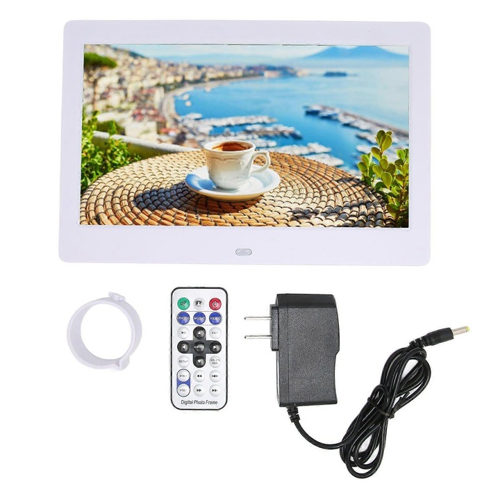 Digitális képkeret 10.1 hüvelyk 1024x600 TFT LCD, távirányítóval, MMC kártyával kompatibilis, videó- és zenelejátszás, Fehér, 1 db