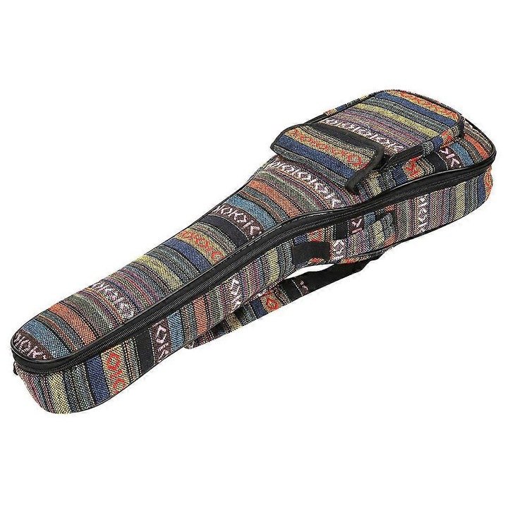Ukulele tok, 4 húros gitártok, etnikai stílusú, vastagított pamutból, dupla vállpánttal, vízálló, többszínű, 1 db.