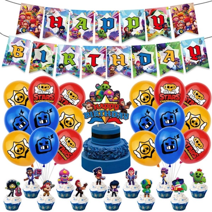 Комплект декорации за парти за рожден ден, комплект за годишнина, тема Brawl Stars, хартиен банер, голяма хартиена декорация за торта, комплект от 12 топъра за кексчета, латексови балони, Многоцветен, 1 комплект