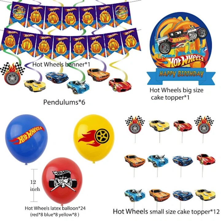 Decoratiuni petrecere tematice Hot Wheels, set complet cu banner Happy Birthday, toppere tort mari si mici, 6 pendule suspendate, 24 baloane latex, multicolor, 44 piese
