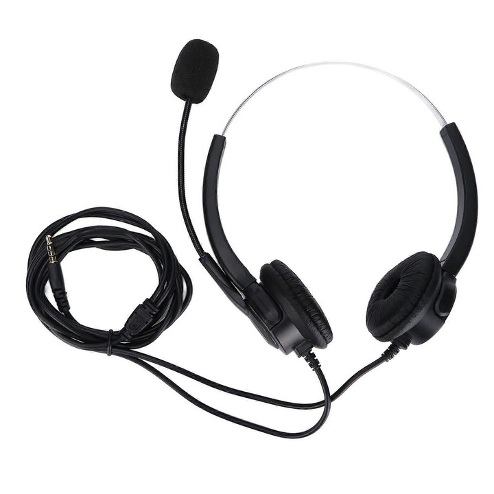 Fülhallgató mikrofonnal, XY-100B-2DU headset, zajcsökkentő mikrofon, 330°-ban állítható mikrofon, USB + 3.5mm jack csatlakozás hangerőszabályzóval, Fekete, 1 db