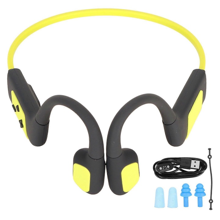 Casti cu conductie osoasa, casti audio pentru inot, memorie 32GB, IPX8 impermeabile, Bluetooth 5.3 wireless, design cu urechea libera, galben, 1 buc