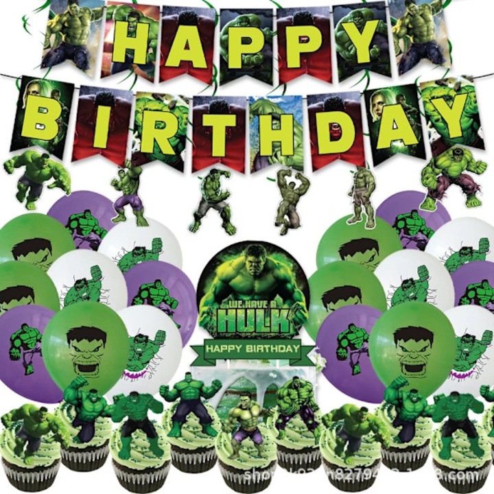 Set decor petrecere aniversara Hulk baloane banner decoratiuni tort spirale agatate