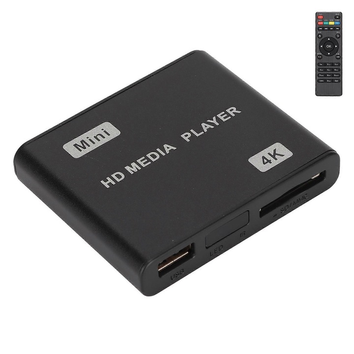 Médialejátszó 4K HD, fekete, alumínium, távirányító, 100-240V