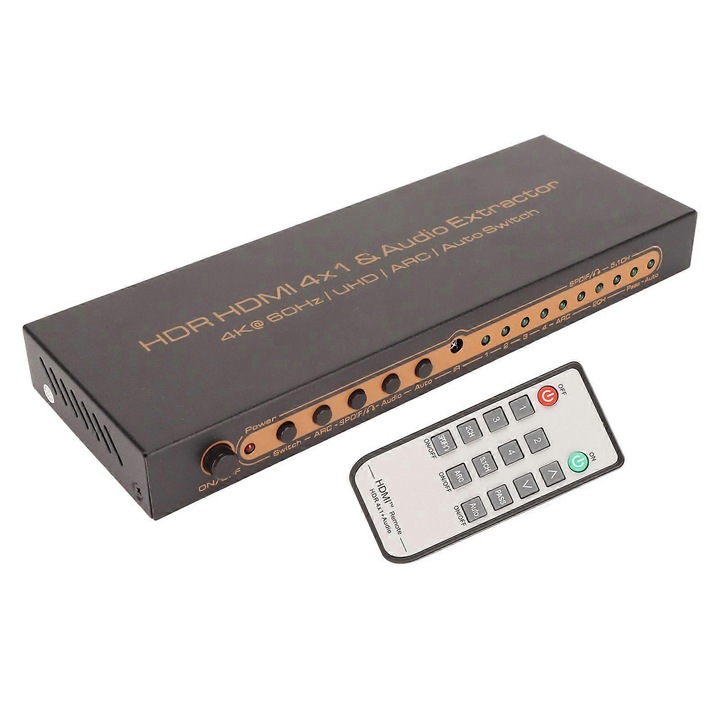 HDMI 4x1 kapcsoló (elosztó) audio extraktorral, HDR, 4K@60Hz támogatás, ARC, SPDIF és 3.5mm jack, Dolby/DTS 7.1 támogatás, HDCP 2.2 18Gbps, Fekete, 1 db