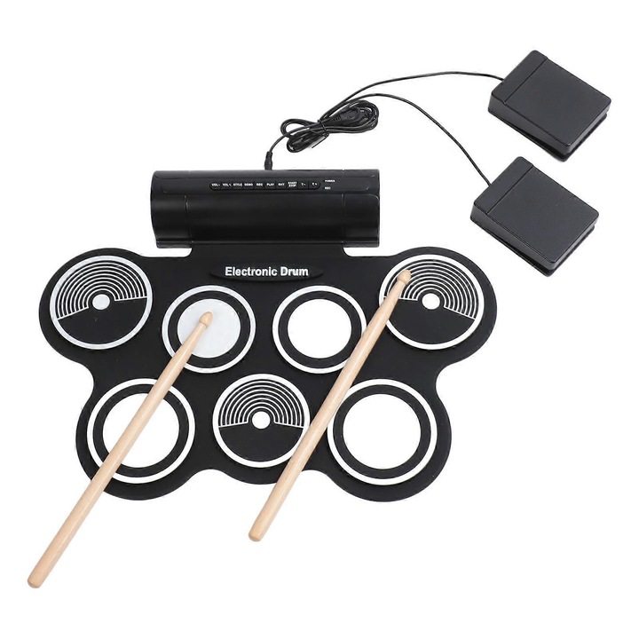 Elektronikus dobfelszerelés, dobpárna 7 paddel és 2 pedállal, dobverők mellékelve, beépített sztereó hangszórók, USB MIDI és felvételi funkció, Fekete, 1 db