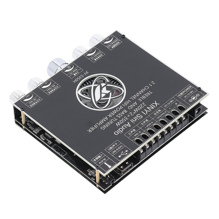 Bluetooth audio erősítő panel, TPA3251 modul, 220W x2 + 350W, 12-38V, BT 5.1, APP vezérlés és mély/magas hangszín szabályozás, többszörös védelem, fekete, 1 db