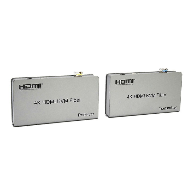 2 darab HDMI KVM extender szett optikai szálas, 4K 30Hz 10km, USB KVM billentyűzethez és egérhez, 100-240V tápellátás, alumínium, ezüst
