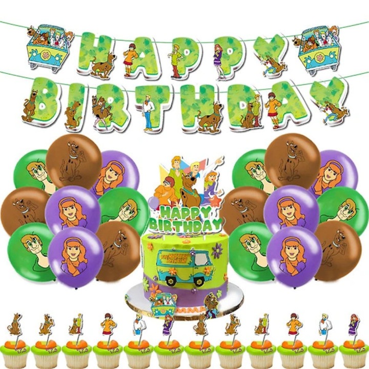Set decoratiuni petrecere Scooby-Doo, banner La Multi Ani, topper tort, 24 toppere pentru briose, 18 baloane, Multicolor