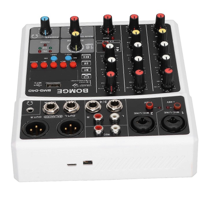 BMG-04D 4 csatornás audio keverő, 48V fantomtáp, Bluetooth 5.0 és PC/USB felvétel, 16 DSP effekt, Fehér, 1 db