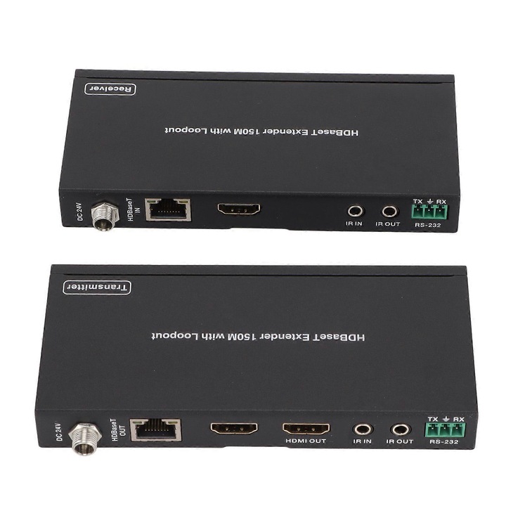 Extender HDMI HBT-E150CL, extinde semnal pe cablu Cat5e/Cat6 pana la 150m/492.1ft, rezolutie 1080P@60Hz YUV4:4:4, functie loop output, IR bidirectional si RS-232, Negru, Set transmitator si receptor