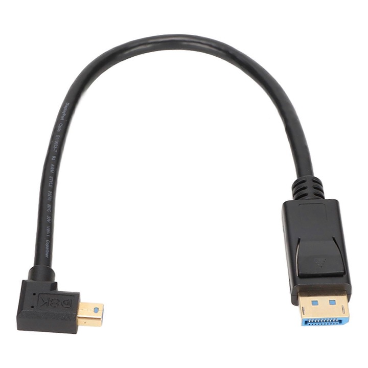 Adapter DisplayPort-ról Mini DisplayPort-ra kétirányú, 8K 60Hz és 4K 144Hz támogatás, DisplayPort 1.4 32.4Gbps, 30 cm kábel, derékszögű csatlakozó, fekete, 1 db