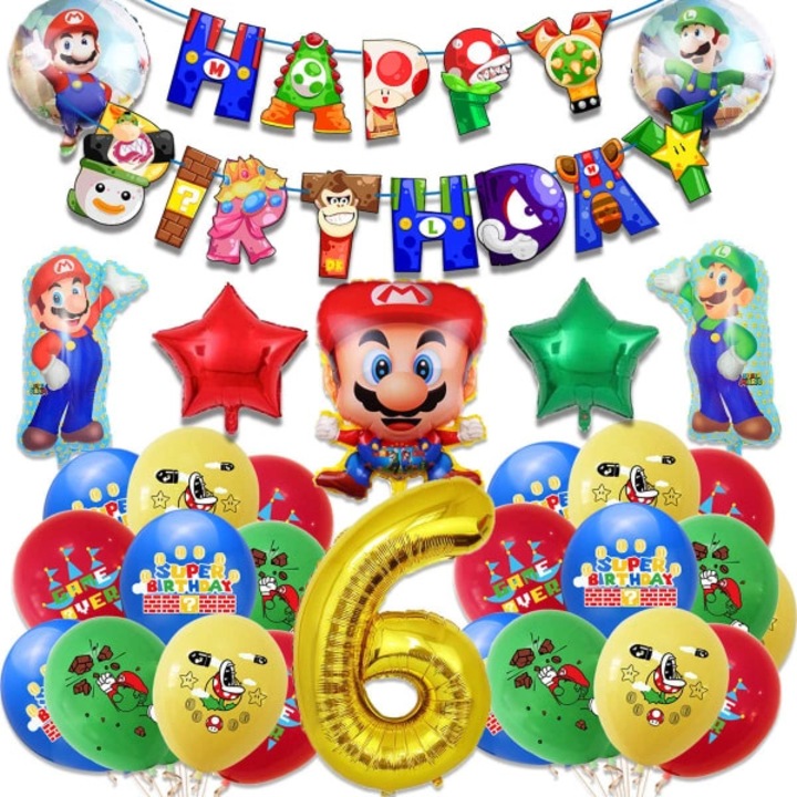 Mario Super Bros parti dekorációs léggömb szett, fólia és latex, újratölthető szelepek, boldog születésnapot téma, többszínű, 25 darab