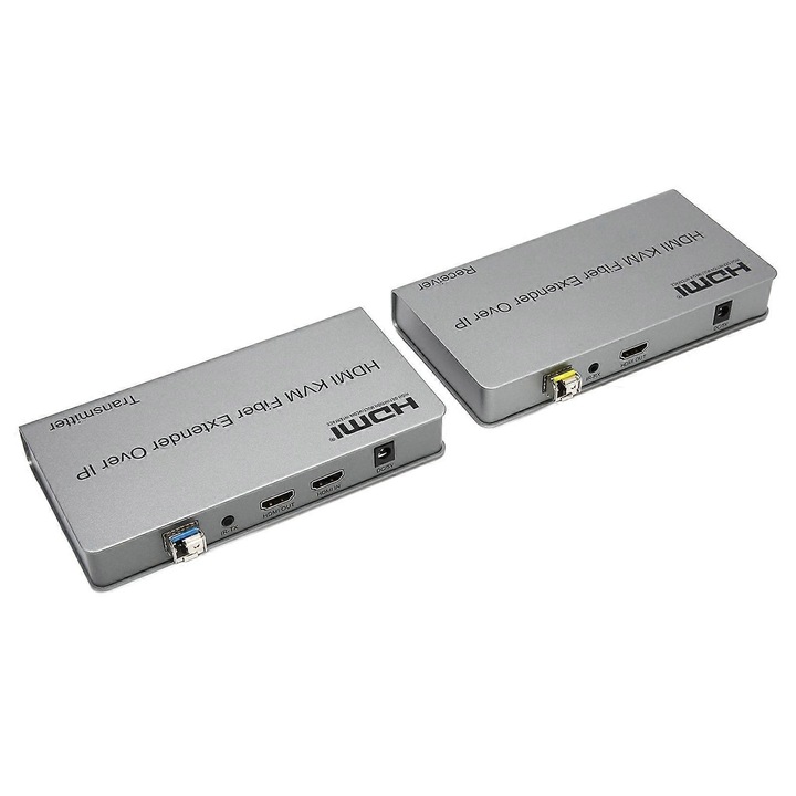 HDMI optikai szálas KVM hosszabbító/jelismétlő, jelkiterjesztés akár 20 km-ig, 1080p 60Hz, USB támogatás billentyűzethez és egérhez, SC csatlakozó, alumínium ház, ezüst, 2 darabos készlet