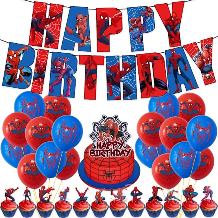 Pókember parti dekorációs szett, Boldog születésnapot feliratú füzér, latex lufik, torta- és süteménydíszek, piros/kék, 1 szett