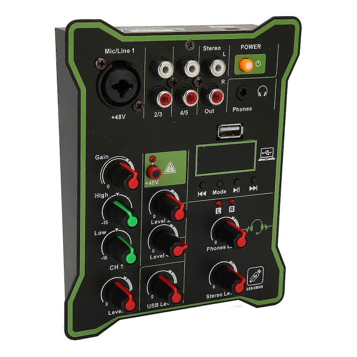 Mini audio keverő, 5 csatornás, Bluetooth, fekete, kompakt