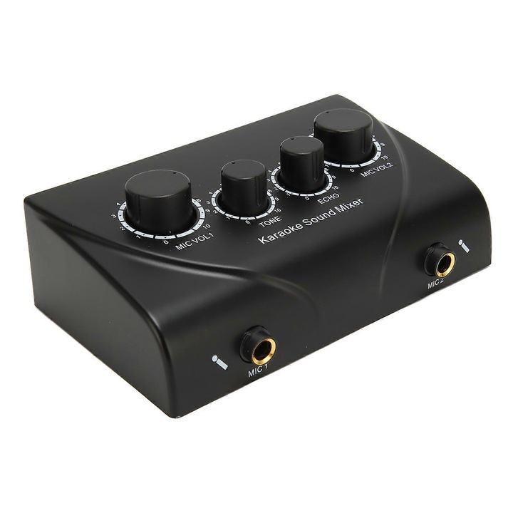 Karaoke audio keverő 2 mikrofonnal, hangerőszabályzóval, reverb effekttel, fekete, 100-240V
