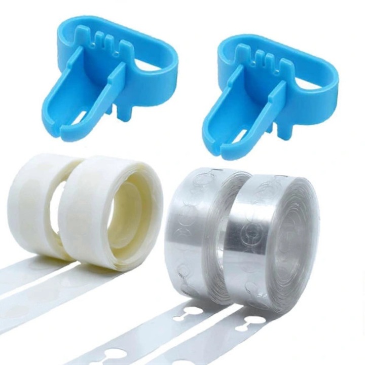 Set kit arc baloane 9.75 m, banda pentru ghirlanda 2 x 4.88 m, 2 role cu 100 puncte adezive (200 buc), 2 unelte pentru legat, instructiuni incluse, reutilizabil, transparent/albastru