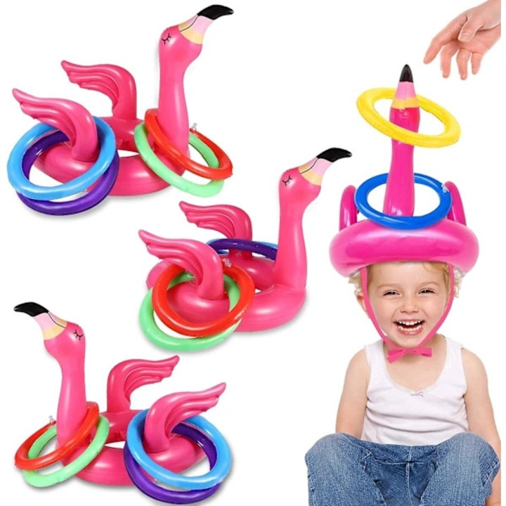 Set joc de aruncat inelul cu flamingo gonflabil, 15 piese, multicolor, 12.5x12cm