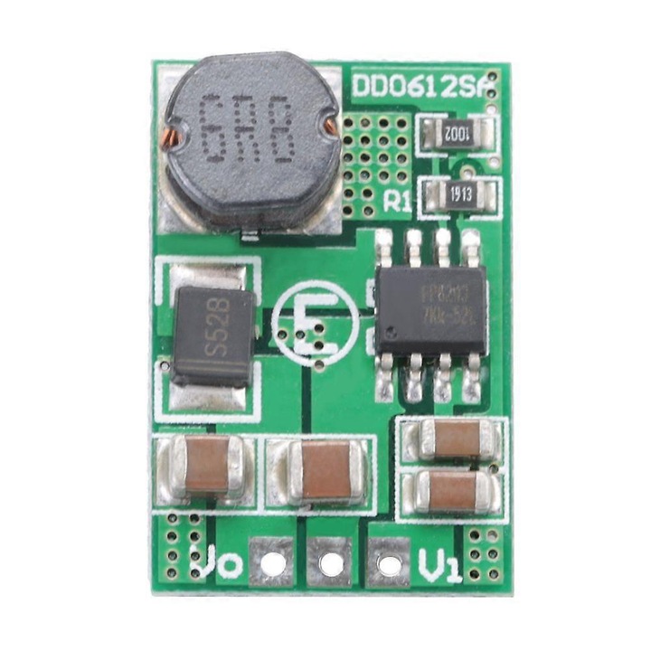 Modul DC-DC step-up átalakító DD0612S, bemenet DC 2.6–6V, kimenet 12V akár 1.2A, hatékonyság akár 96%, OCP/OVP/SCP/OTP védelemmel, zöld, 1 darab
