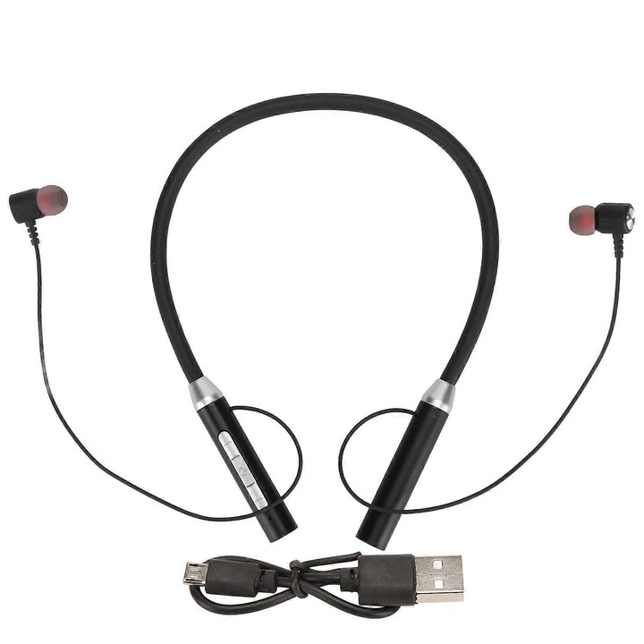 Casti neckband wireless bluetooth 5.2, cu bas imbunatatit, rezistente la apa IPX5, magnetice si ergonomice, negru, 1 buc