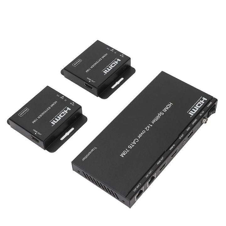 HDMI elosztó 1x2 HDC-SP912C70, CAT6 hosszabbító 40m (4K30Hz)/70m (1080p60Hz), HDCP 1.4 kompatibilis, 4K 30Hz, átlátszó IR támogatás és EDID kezelés, Fekete, 1 szett