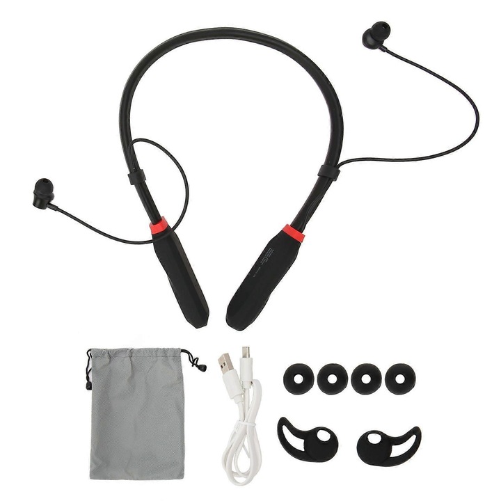 Casti neckband Bluetooth 5.1, rezistente la apa IPX5, HiFi stereo cu bas puternic, baterie 1000mAh (autonomie pana la 100 ore), autoabsorbtie magnetica, negru, 1 buc
