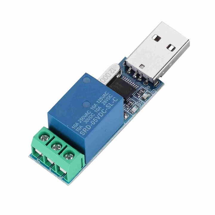 Modul releu USB/comutator USB LCUS-1, control inteligent prin USB, cip CH340 si comunicare 9600bps, releu 5V 10A (250VAC/30VDC), albastru/verde, 1 buc