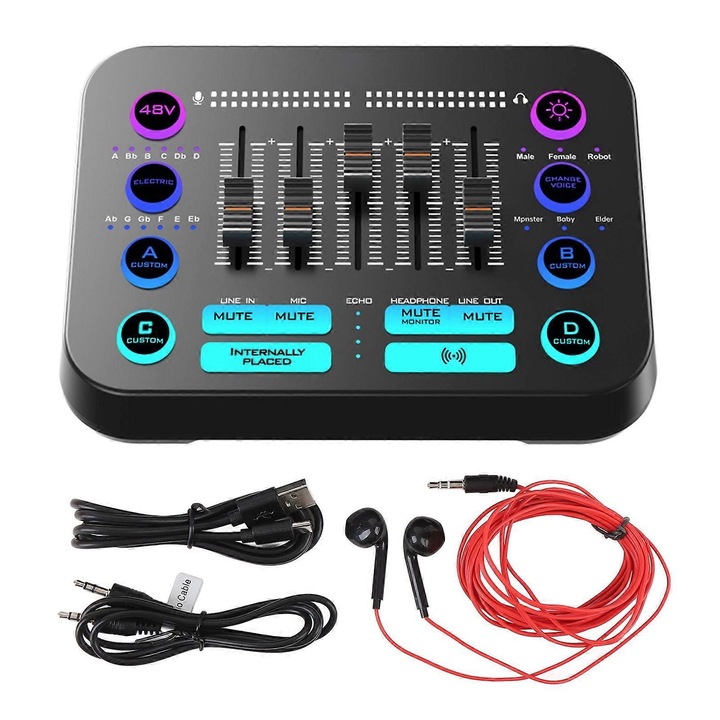 Audio mixer gaminghez és streaminghez, professzionális előerősítő 48V fantomtáppal, Bluetooth 5.3, RGB világítás, 5 bemenet (XLR, 3.5mm), hangeffektek és 12 reverb preset, Type-C, Fekete, 1 db
