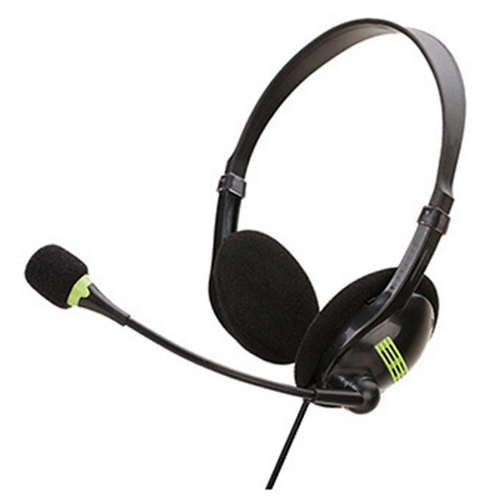 Casti PC cu microfon, negru verde, 30mm, ajustabile, cablu 3.5mm 1.6m