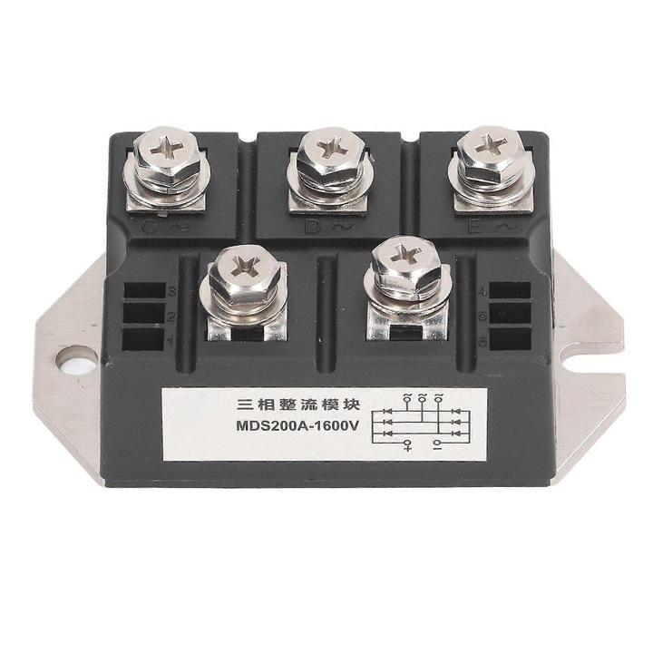 Redresor punte, modul diode MD200A-1600V, 200A, 1600V, 5 terminale, placa cupru pentru disipare caldura, negru, 1 buc